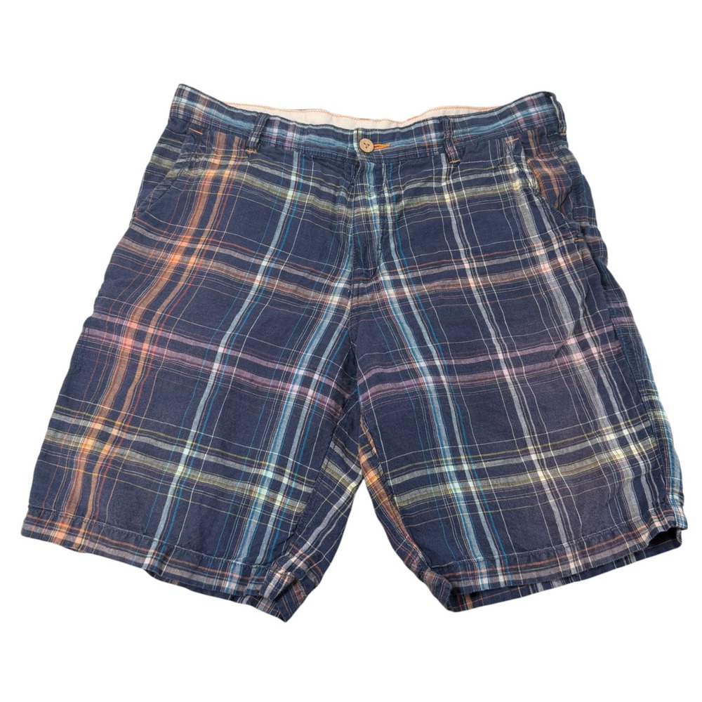Tommy Bahama Relax Mens 35 Navy Blue Plaid 100% Linen Casual Shorts Beach Summer